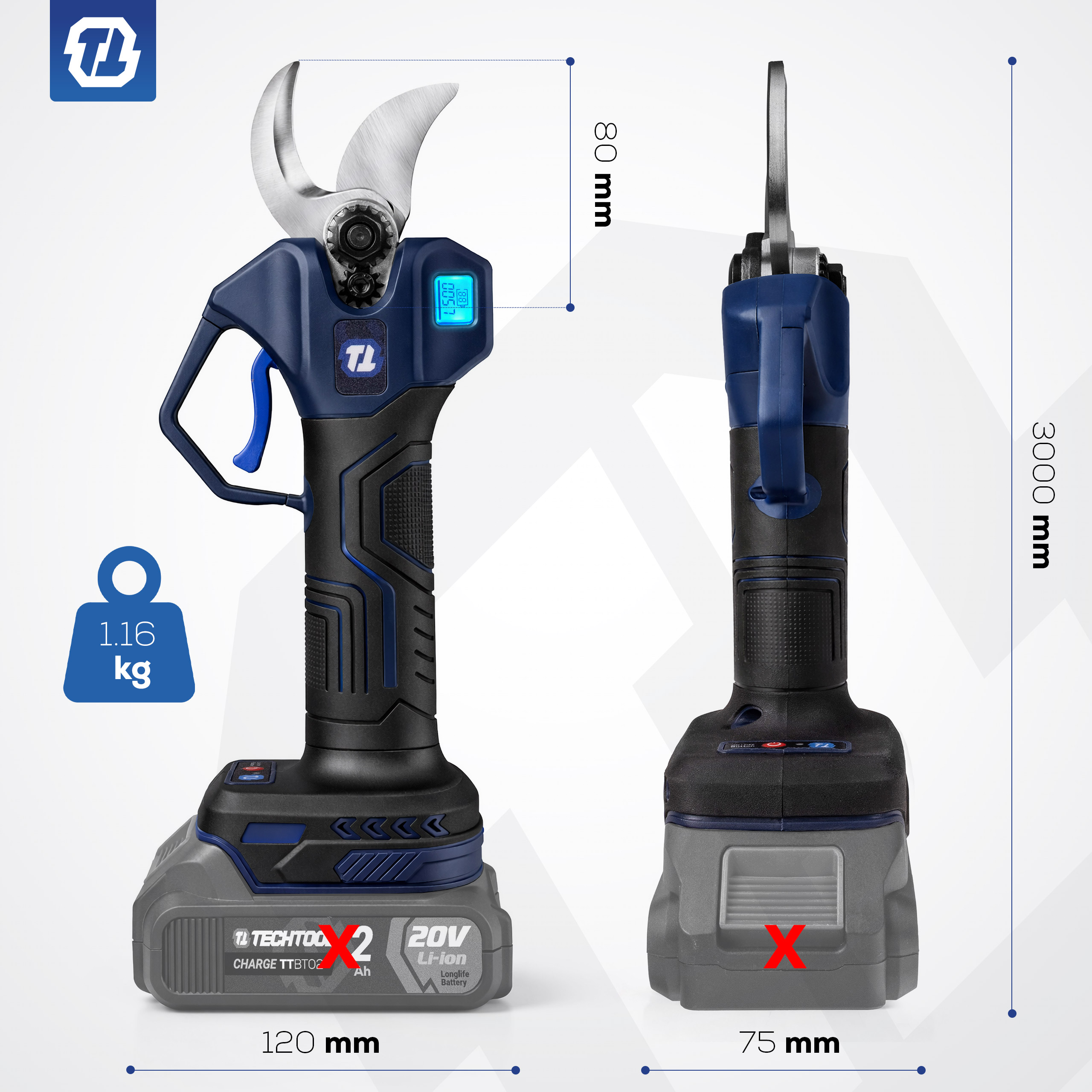 ergonomiczna praca sekatorem akumulatorowym TTPS01 w ogrodzie, lekki, z wygodną rączką