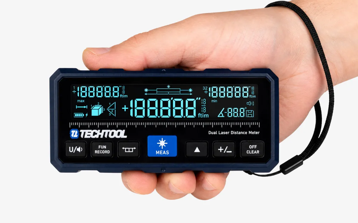 Kompaktowy dalmierz laserowy TECHTOOL trzymany w dłoni