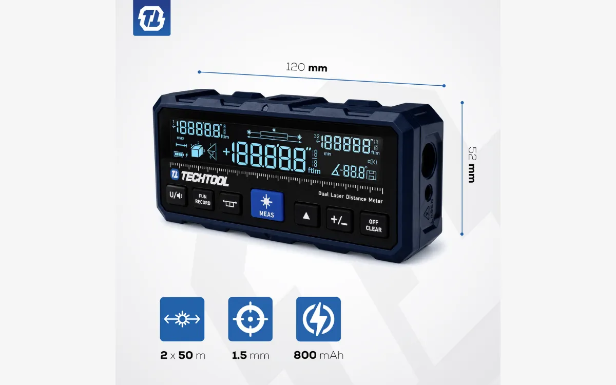 Dalmierz laserowy 100 m TECHTOOL TTDM01 z czytelnym ekranem LCD