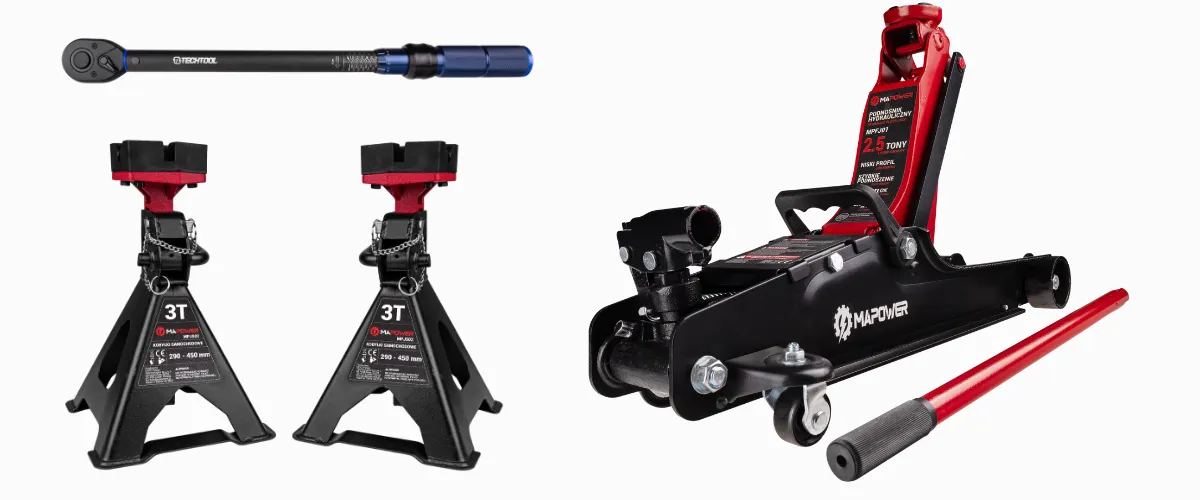 Zestaw do wymiany kół TECHTOOL+MAPOWER klucz dynamometryczny, podnośnik i kobyłki