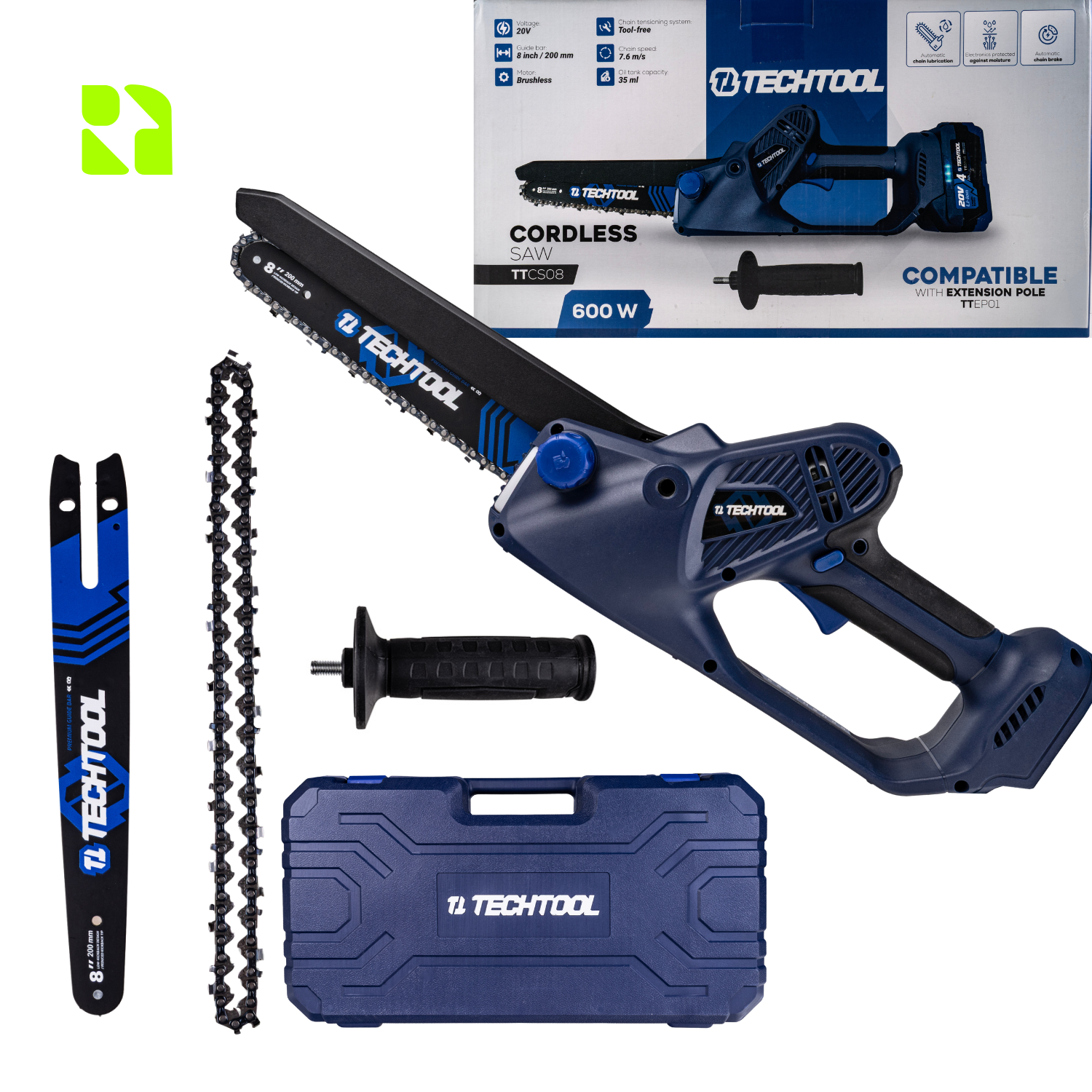 Piła akumulatorowa do gałęzi TECHTOOL TTCS08 body z dodatkową prowadnicą i łańcuchem TTCH08